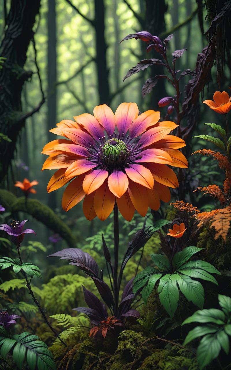 08912-843390849-A beautiful purple flower in a dark forest, in the style of hyper-realistic sculptures, dark orange and green, post-apocalyptic.png